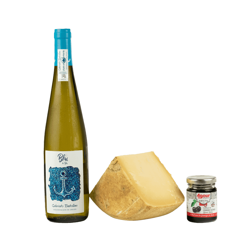 Coffret Ossau-iraty Aop X Txakoli De Getaria Portion 1kg + Confiture De Cerises 100g + 1 Bouteille De Txakoli